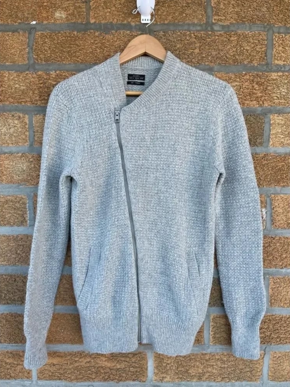 All Saints Light Gray Wool Alpaca Zip-Up Knit Bomber Sweater Jacket